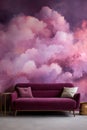 modern room interior with purple dreamy clouds wallpaper, creative apartment design