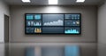 Modern room with large digital display wall showing various colorful business charts and data analytics in a clean, minimalistic Royalty Free Stock Photo