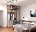 Modern room with an open metal cupboard, a bed and a lamp near the wall.