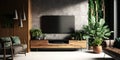 Modern room TV screen Interior of living room with wooden sideboard over granite wall - Generative A