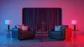 Modern room with violet light and red light illumination.Leather armchairs with pillows and table lamps.