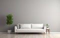 Modern room with white sofa and potted plants in a gray background, flat lay photo.