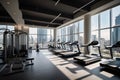 A modern and roomy gym with state-of-the-art equipment, large windows, and a stylish design to inspire your workout.