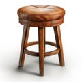 Modern round bar stool with a polished wooden seat and metal base, isolated on a white background.