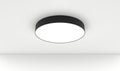 Modern round ceiling lamp, stylish pendant electric light 3d render. Realistic interior room with black metal cylinder Royalty Free Stock Photo