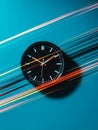Modern round clock with motion blur light streaks on blue background Royalty Free Stock Photo