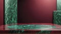 Modern round green malachite empty podium for cosmetic or product on festive green and maroon background. Gradient wall