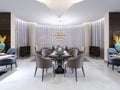 Modern round table in the hotel restaurant, for four persons, with leather chairs and a served wooden table. A table near a large Royalty Free Stock Photo