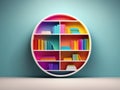 a modern rounded bookshelf with books isolated on gradient background