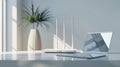 Modern router smart devices with strong signal waves for facebook ad on powerful home wifi network