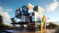 Modern Rubik\'s Cube shaped house. Architectural concept, unreal, fantasy.