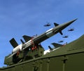 Modern Russian anti-aircraft missiles and military aircrafts Royalty Free Stock Photo