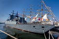 Modern Russian military corvette `Sovershennyy` on the pierce Royalty Free Stock Photo