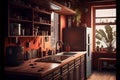 Modern Rust coloured kitchen interior design with the hardwood floors Royalty Free Stock Photo