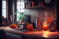 Modern Rust coloured kitchen interior design with the hardwood floors Royalty Free Stock Photo