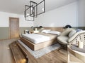 Modern rustic bedroom design and a bed on a wooden podium with dotted lighting in a loft style. Wicker designer chair and desk