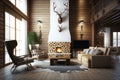 Modern Rustic Cottage Living Room Decor with Chalet Cozy Interior Wood Wall. Generative AI