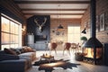 Modern Rustic Cottage Living Room Decor with Chalet Cozy Interior, Wood Wall, and Furniture. Generative AI Royalty Free Stock Photo