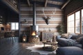 Modern Rustic Cottage Living Room Decor with Chalet Cozy Interior, Wood Wall, and Furniture. Generative AI