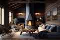 Modern Rustic Cottage Living Room Decor with Chalet Cozy Interior, Wood Wall, and Furniture. Generative AI Royalty Free Stock Photo