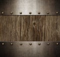 Old metal plates with rivets over wood background. Empty template for design.3d illustration Royalty Free Stock Photo