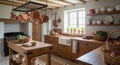 Modern rustic kitchen interior with wooden beams copper pots and fresh produce on table Royalty Free Stock Photo