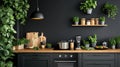 Modern rustic kitchen with wooden decor and plants Royalty Free Stock Photo