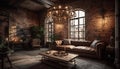 Modern rustic loft apartment with comfortable sofa and elegant decor generated by AI Royalty Free Stock Photo