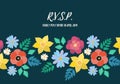 Modern RVSP style wedding invitation card with flat flower frame background, hand drawn floral elements label. Vector design