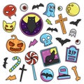 Modern 80s-90s Halloween Fashion Patch Cartoon Illustration Set