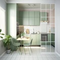 Modern Sage Green Kitchen and Dining Room Separated by Glass and Aluminum Frame Partition, Featuring Wooden Toy Table, Chair, Sink