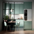 Modern Sage Green Kitchen and Dining Room Separated by Glass and Aluminum Frame Partition, Featuring Wooden Toy Table, Chair, Sink