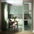 Modern Sage Green Kitchen and Dining Room Separated by Glass and Aluminum Frame Partition, Featuring Wooden Toy Table, Chair, Sink