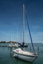 Modern Sail Boat Anchors In Calm Harbor On Lake Balaton In Hungary Royalty Free Stock Photo