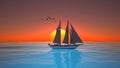 modern sailing yacht in sunset with flying birds Royalty Free Stock Photo