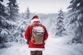 Modern Santa Claus travelling with a backpack throught winter the forest, Christmas concept, ai generated