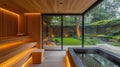 Modern Sauna with Hot Tub and Backyard View Royalty Free Stock Photo