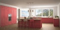 Modern scandinavia kitchen with big windows, panorama classic white and red interior design