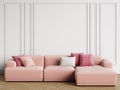 Modern Scandinavian Design sofa in interior. Walls with moldings,floor parquet herringbone