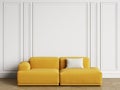Modern Scandinavian Design sofa in interior. Walls with moldings,floor parquet herringbone
