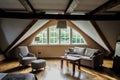 Modern scandinavian farmhouse contemporary rustic hotel interior, defocused