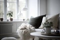 Modern scandinavian interior of living room with design grey sofa, armchair, a lot of plants, coffee table, carpet and personal Royalty Free Stock Photo