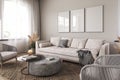 Modern scandinavian interior living room. Three picture frame. Empty wall mockup in white room with wooden floor and