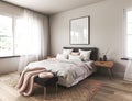 Modern scandinavian and Japandi style bedroom interior design with bed white color. Wooden table and floor, mock up Royalty Free Stock Photo