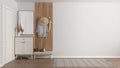 Modern scandinavian lobby, minimalist white hall with stucco walls, empty space with cabinet, mirror, bench, wooden coat hanger,