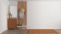 Modern scandinavian lobby, minimalist white and orange hall with stucco walls, empty space with cabinet, mirror, bench, coat