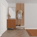 Modern scandinavian lobby, minimalist white and orange hall with stucco walls, empty space with cabinet, mirror, bench, coat