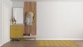 Modern scandinavian lobby, minimalist white and yellow hall with stucco walls, empty space with cabinet, mirror, bench, coat