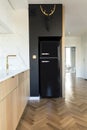 Modern scandinavian open space interior of kitchen with design furniture, black fridge, marble walls and brown wooden parquet.