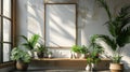 Modern Scandinavian Room Interior with Mockup Photo Frame, Plants in Hipster Pots and Floral Concept on White Walls and Bamboo Royalty Free Stock Photo